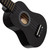 Close-up of the Mad About Black soprano ukulele body with glossy finish, soundhole and bridge detail. Lightweight beginner ukulele fitted with carbon strings and designed for easy playability.
