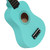 Close-up of the Mad About Light Blue soprano ukulele body with glossy finish, soundhole and bridge detail. Lightweight beginner ukulele fitted with carbon strings and designed for easy playability.