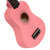 Close-up of the Mad About Pink soprano ukulele body with glossy finish, soundhole and bridge detail. Lightweight beginner ukulele fitted with carbon strings and designed for easy playability.