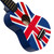 Close-up of the Mad About Union Jack soprano ukulele body featuring a bold British flag design, soundhole and bridge detail. Lightweight beginner ukulele fitted with carbon strings and designed for easy playability.