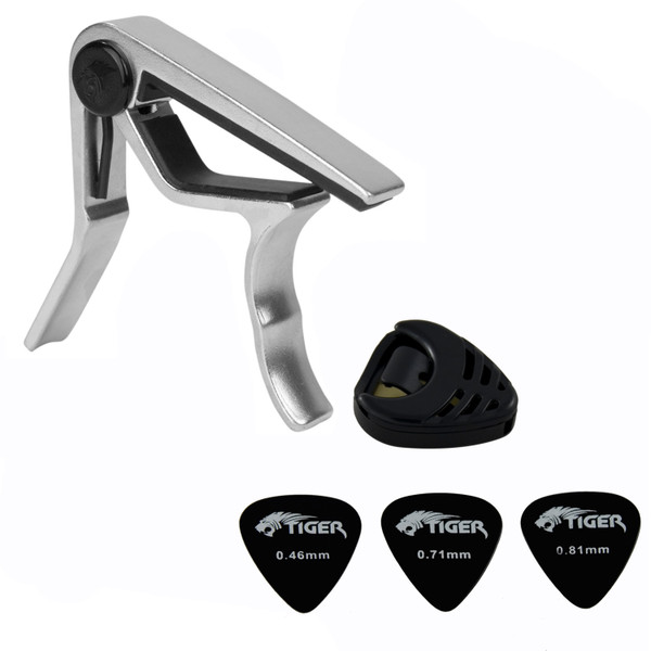 Tiger Universal Trigger Guitar Capo in Chrome with Guitar Plectrums