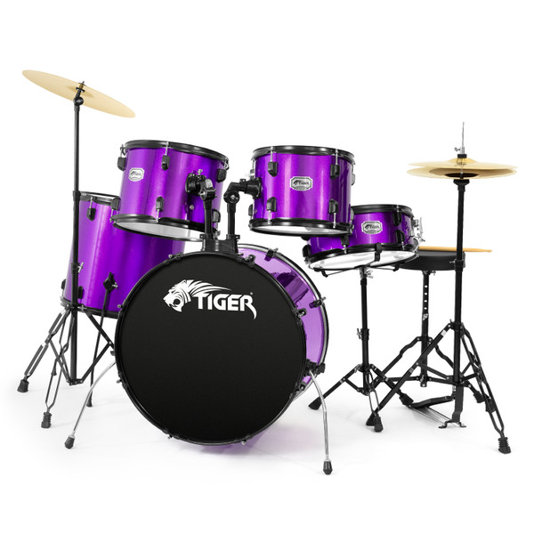 Tiger Full Size Acoustic Drum Kit, 5 Piece Drum Set with Stands & Cymbals Purple