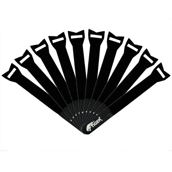 Tiger Reusable Hook and Loop Cable Ties - Black (Pack of 10)