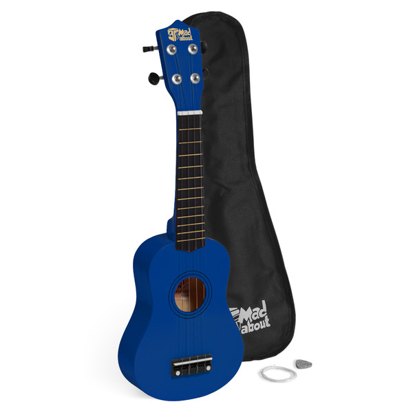 Mad About Blue Left-Handed soprano ukulele featuring a compact 21-inch design, carbon strings and geared tuning pegs. Lightweight beginner ukulele ideal for left-handed children, students and first-time players.
