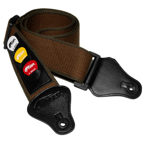 Tiger Acoustic, Electric, Classic Guitar Strap with Pick Holders & Picks - Brown