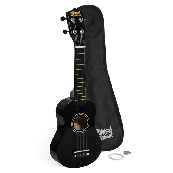 Mad About Black Left-Handed Soprano Beginners Ukulele Starter Pack including a protective gig bag, spare strings and plectrum. Complete beginner ukulele set for left-handed children, students and first-time players.