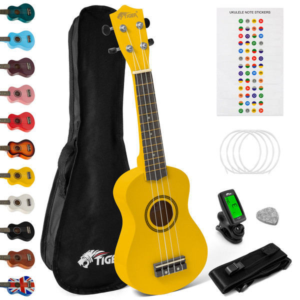 Tiger Soprano Ukulele Beginners Pack - Tuner, Strap, Bag, Pick, Strings - Yellow