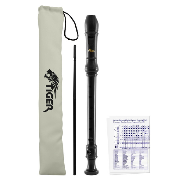 Tiger Descant Recorder - Three Piece School, Beginners Recorder with Bag - Black