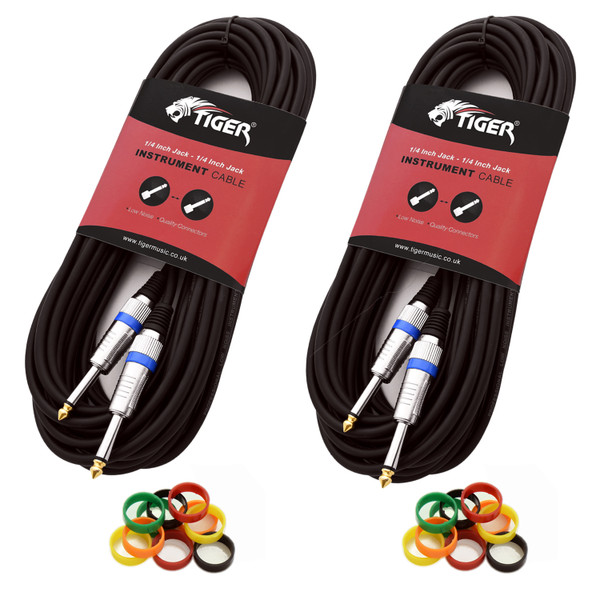 Tiger 10m, 33ft - 6.3mm 1/4 Inch Jack to Jack Guitar Instrument Cable, 2 Pack