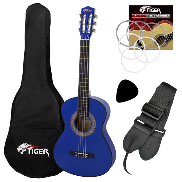 Tiger Left Handed 1/2 Size Blue Kids Classical Guitar Package