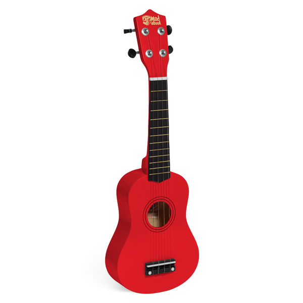 Mad About Red soprano ukulele featuring a compact 21-inch design, carbon strings and geared tuning pegs. Lightweight beginner ukulele ideal for children, students and first-time players.