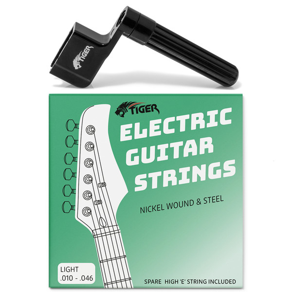 Tiger electric guitar strings and string winder pack with black string winder tool and light gauge nickel wound and steel electric guitar strings (.010–.046).