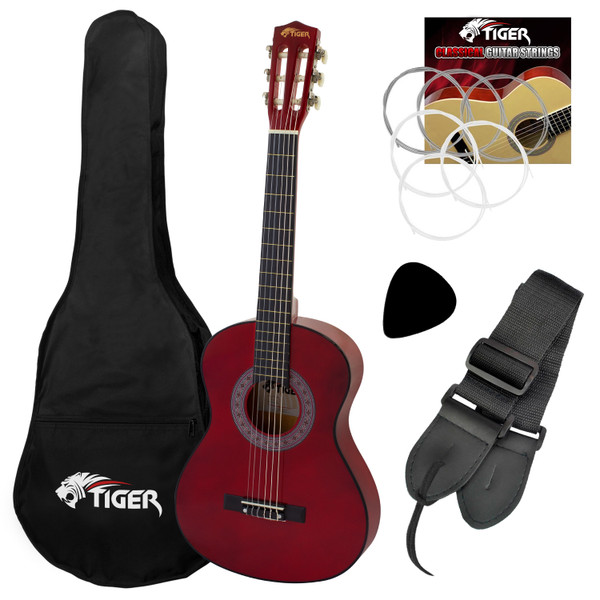 Tiger Left Handed 1/2 Size Red Kids Classical Guitar Package