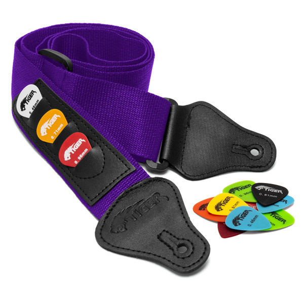 Tiger Purple Guitar Strap and 12 Free Picks