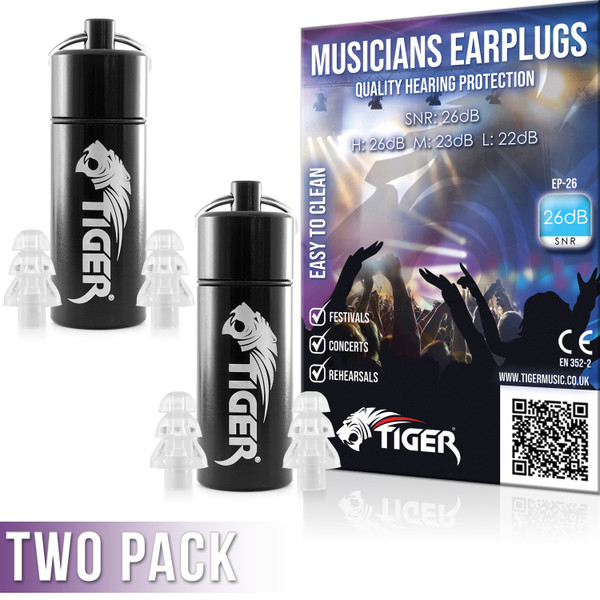 Tiger Musicians Filter Earplugs Hearing Protection Ear Plugs SNR 26dB - Two Pack
