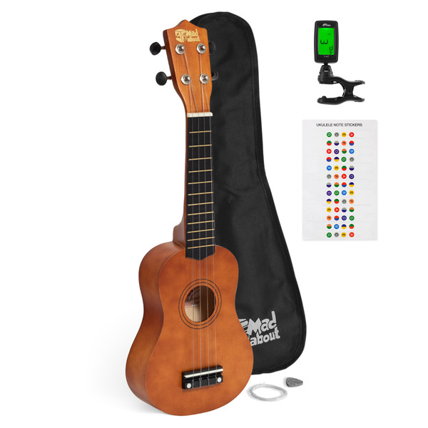 Mad About Natural Wood Soprano Ukulele Starter Pack including a protective gig bag, clip-on digital tuner, spare strings, plectrum and colourful fretboard note stickers. Complete beginner ukulele set for children, students and first-time players.