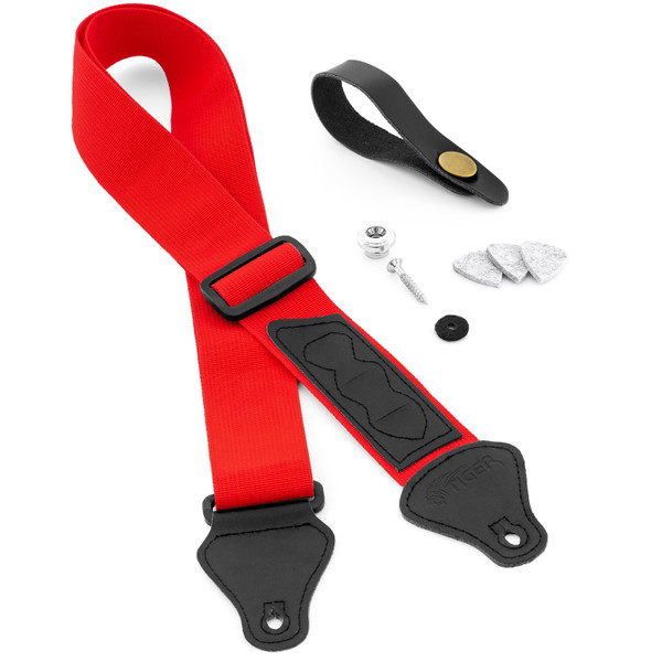Tiger Ukulele Strap Pack Uke Strap, Neck Tie, Strap Button, Felt Picks - Red