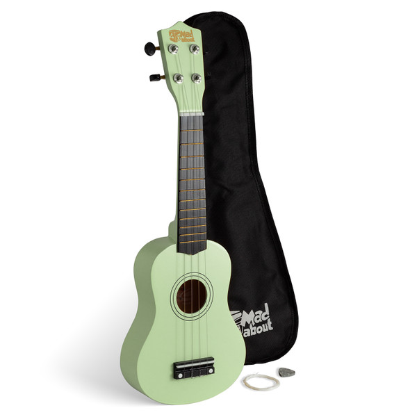 Mad About Mint Green Soprano Beginners Ukulele Starter Pack including a protective gig bag, spare strings and plectrum. Complete beginner ukulele set for children, students and first-time players.