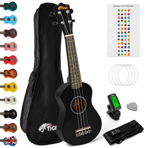 Tiger Soprano Ukulele Starter Pack - Tuner, Strap, Bag, Pick, Strings - Black