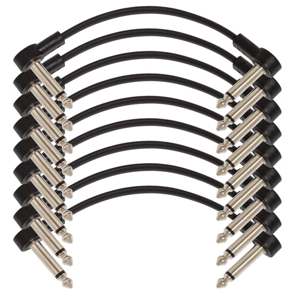 Nine Pack of 15cm Guitar Effects Pedal Patch Cables with Right Angle 6.35mm Jack Plugs, Black Instrument Lead Connectors for Pedalboards and Audio Equipment