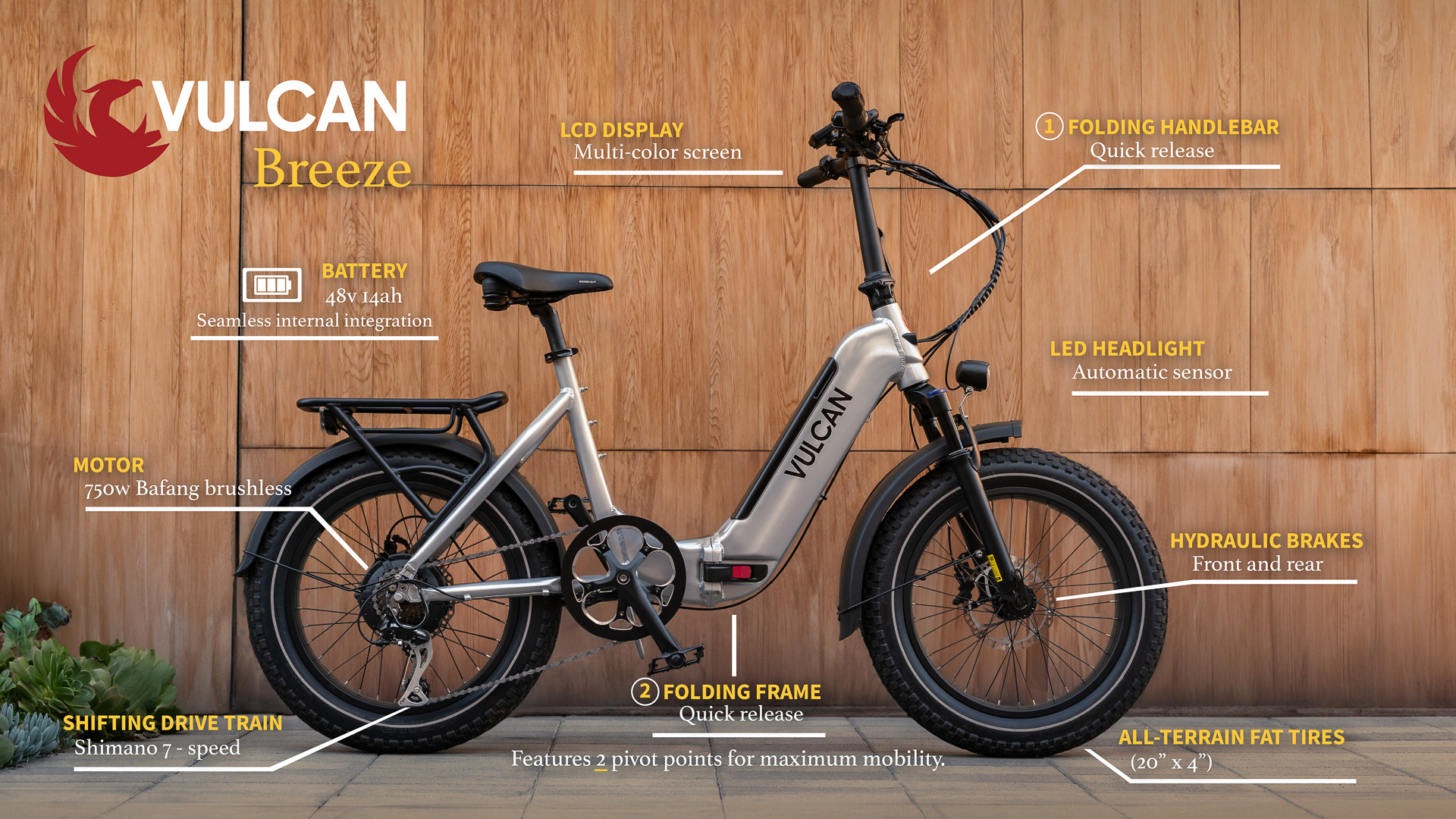 Displays the technical features of the folding electric bicycle