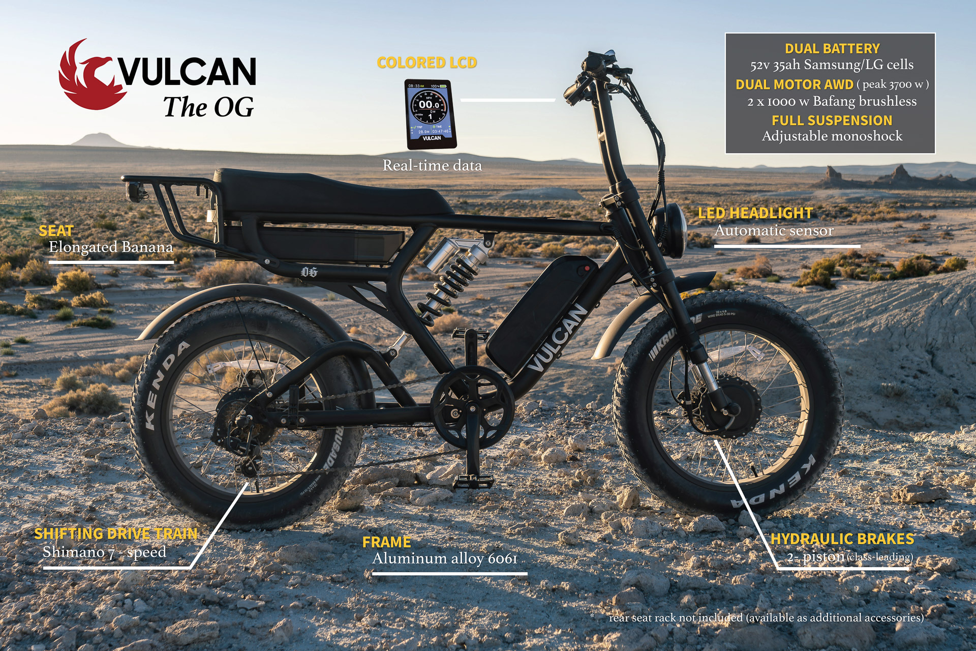 Lists features of the dual 1000w motor ebike such as dual 52v batteries and dual suspension 