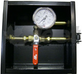 RA014GLSH galvanized steel suspension dump control box with heavy-duty latch, manual valve, and 2-inch pressure gauge