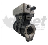 Remanufactured 9125400040X twin cylinder air brake compressor for Cummins ISX engines, 85mm pistons, 636cc, flange mount.