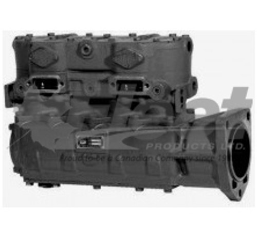 Remanufactured TF-1400 CAT air brake compressor, gear driven, M-20 shaft, for Caterpillar 3406E, used in heavy-duty trucks and commercial vehicles.