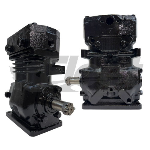 Reman TF-501 Pulley Drive air brake compressor, water and air cooled, front drain, for heavy-duty trucks, semi trucks, and commercial vehicles.
