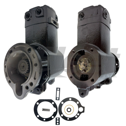 3558074X Cummins QE338 single-cylinder air brake compressor. Remanufactured, flange mount, rear discharge, water cooled. 3558074, QE338, 1650320003