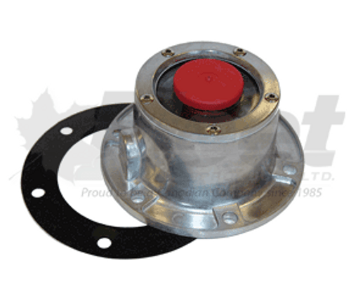 RA4024 steering axle hub cap with gasket, 6-hole 4.5" bolt circle, diecast aluminum with side fill plug. Replaces Stemco 343-4024.