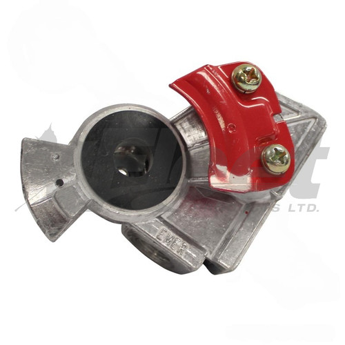 RS441019 37 emergency gladhand, aluminum body with 3/8" ports, red color-coded for tractor-trailer air brake emergency line.