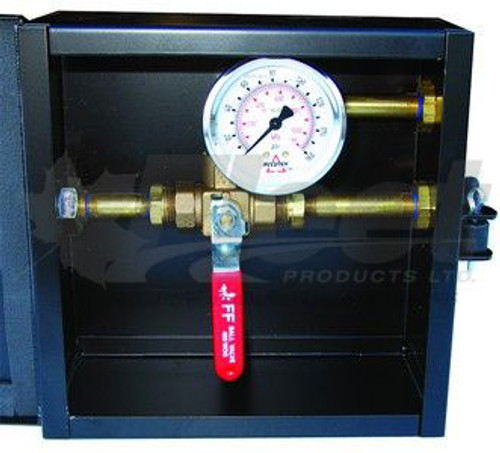 RA014G dump box with ball valve and air pressure gauge for truck suspension, 160 PSI, 3-port configuration, Fleet Products
