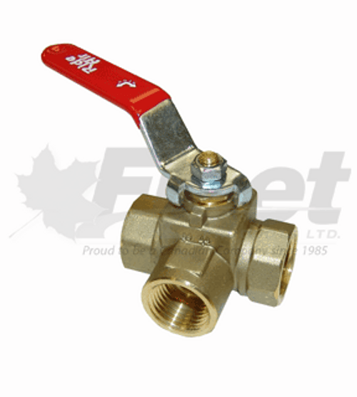 RA723-8 1/2" 3-way brass ball valve with red lever handle. Inline air control for truck and trailer suspension and auxiliary air systems.