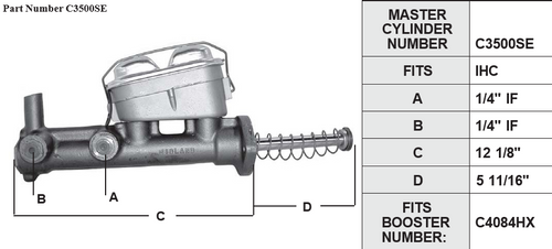 C3500SE Midland reman master cylinder, fits Navistar/International, casting #300459/300459A, dual 1/4" IF outlets, 5-3/4" pushrod. C3500SE Midland reman master cylinder, fits Navistar/International, casting #300459/300459A, dual 1/4" IF outlets, 5-3/4" pushrod.