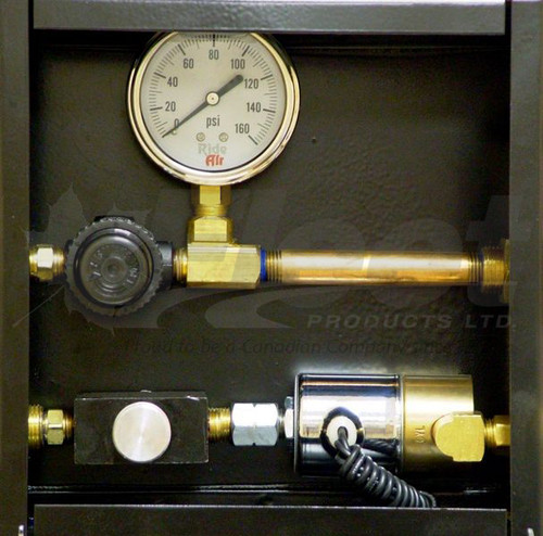 Steer axle control box with solenoid and manual override, regulated pressure, 0-160 psi gauge, rear ports Steer axle control box with solenoid and manual override, regulated pressure, 0-160 psi gauge, rear ports