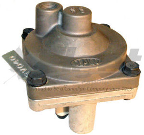 110410 relay valve 2-port air brake valve for commercial trailers. Includes 3/8" control port, 1/2" reservoir port, and dual 3/8" delivery ports.