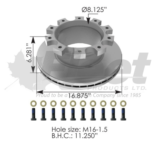 FP10020682 air disc brake rotor for Freightliner Cascadia P3, 16.875" OD, 10 bolt, includes hardware, WABCO MAXXUS fitment Meritor M44DH20682, ConMet 10020682, ConMet 10020109, ConMet 10020108, Durabrake 76620, Webb 56090PK, 125710