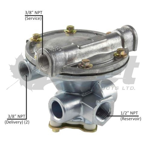 110197-G Relay Valve, aftermarket Sealco 2 delivery port service valve for tractor-trailer dual reservoir, 4 PSI crack pressure. 110197, 110410, TV110197, 51442, 39540281, A80070, AE78889