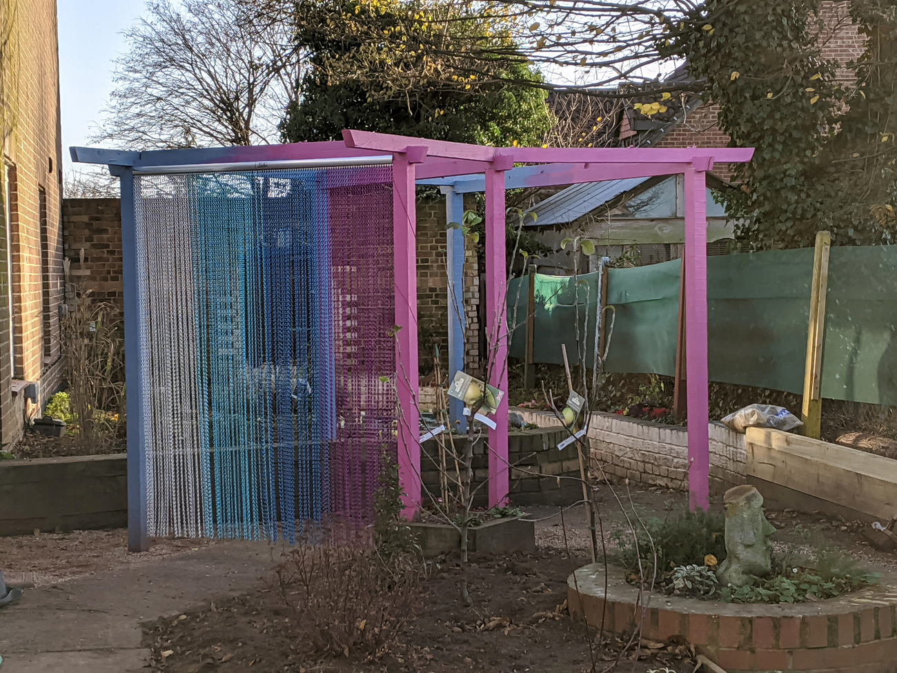 Used externally for colour in a sensory garden. The colours that made up this display were Silver, Turquoise, Metallic Blue and Purple.