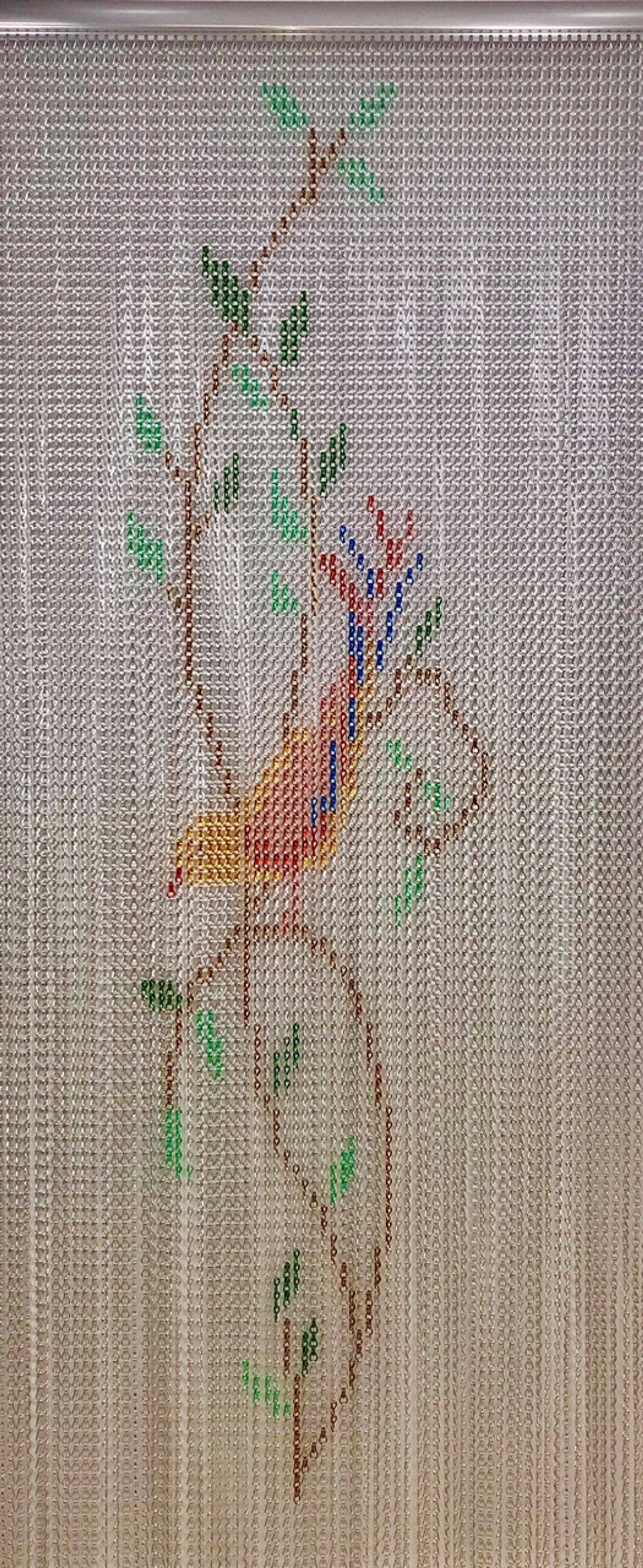 Songbird Patterned Chain Screen. A chain screen that is a great alternative to a plain coloured fly screen. This can be installed indoors or outdoors due to the aluminium being anodised. This can be used in your home or business to prevent flies, seasonal insects like bees and wasps and insects from entering. The high grade chain is the best quality that you will find on the UK market and is suitable for commercial kitchens, warehouses and high traffic areas. Songbird Patterned Chain Screen. A chain screen that is a great alternative to a plain coloured fly screen. This can be installed indoors or outdoors due to the aluminium being anodised. This can be used in your home or business to prevent flies, seasonal insects like bees and wasps and insects from entering. The high grade chain is the best quality that you will find on the UK market and is suitable for commercial kitchens, warehouses and high traffic areas.