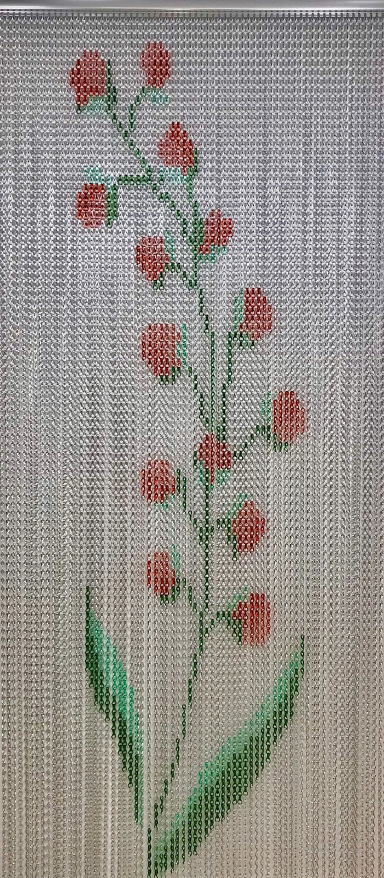 Flower Bud Patterned Chain Screen. This screen can be supplied in 2 widths that suit most door openings. The pattern has been created to give an alternative to a plain coloured chain fly screen. This can be installed indoors or outdoors as the chain, which is made from high grade commercial aluminium is anodised meaning it will not rust. Used mainly for pest control, the chain allows air to flow though without pests, bugs and insects from entering your home or business. Flower Bud Patterned Chain Screen. This screen can be supplied in 2 widths that suit most door openings. The pattern has been created to give an alternative to a plain coloured chain fly screen. This can be installed indoors or outdoors as the chain, which is made from high grade commercial aluminium is anodised meaning it will not rust. Used mainly for pest control, the chain allows air to flow though without pests, bugs and insects from entering your home or business.