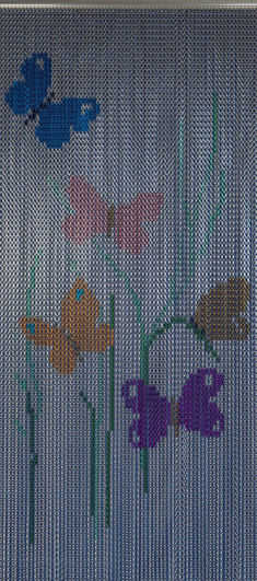 Butterfly Patterned Chain Screen. This screen has standard and premium colours mixed though to create a beautiful alternative to a plain coloured pest control fly screen. This screen can come in 2 different widths to suit most doorways and can be trimmed in the length to fit your opening. The chains are anodised so the screen can be hung indoors or outdoors to provide a high level of pest control. Brackets can be purchased to fix your screen in place or it can be secured with the screws provided.