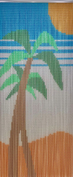 Palm Tree Patterned Chain Screen. Using a mix of standard and premium colours we have designed a Palm tree chain screen as an alternative to a plain coloured fly screen. This can be used indoors and outdoors as the chain is anodised to prevent rusting. The chain fly screen is used for pest control and will prevent pests from entering your home or business.