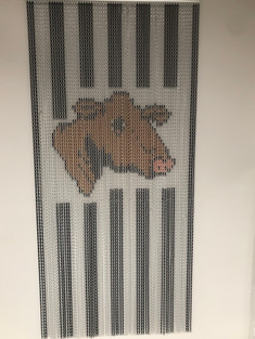 Screen made for a butcher's front door for pest control. We can make this with stripes, full colour background and the Hefers Cow head can also be made in any colour.