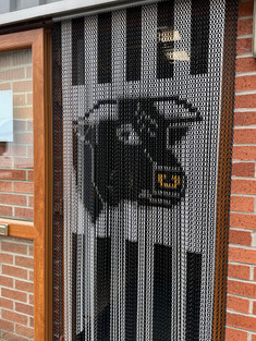 Black and Silver Bulls Head Butchers Screen - Made to measure in custom sizes, our customer ordered 2 screens to be fitted into their butchers shop with the chain colours to match their decor. Screens were dispatched next day.  These screens make the perfect addition to any location where food hygiene is key and cleanliness is needed. With 17 colours available in multiple combinations you will find something to suit any location.