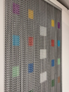 Pewter chain screen with a mix of standard and premium coloured squares - Purple, Golden Yellow, Turquoise, Metallic Red, Light Green, Metallic Blue, Bronze, Forest Green and Silver. Measures 90cm x 210cm