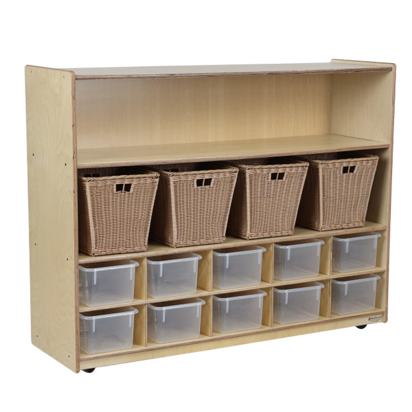 Wood Designs Multi-Use Storage Unit With Medium Baskets and Translucent Cubby Trays 