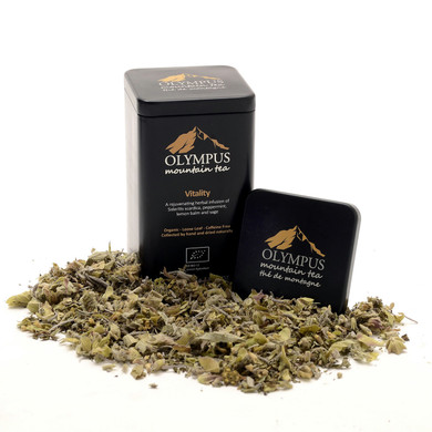OLYMPUS Mountain Tea, Vitality.  Organic Tea Herb Mix of: Greek Mountain Tea (Sideritis Scardica) - Peppermint-Lemon Balm - Sage. Metal Tin Box 50 g / 1.76 oz